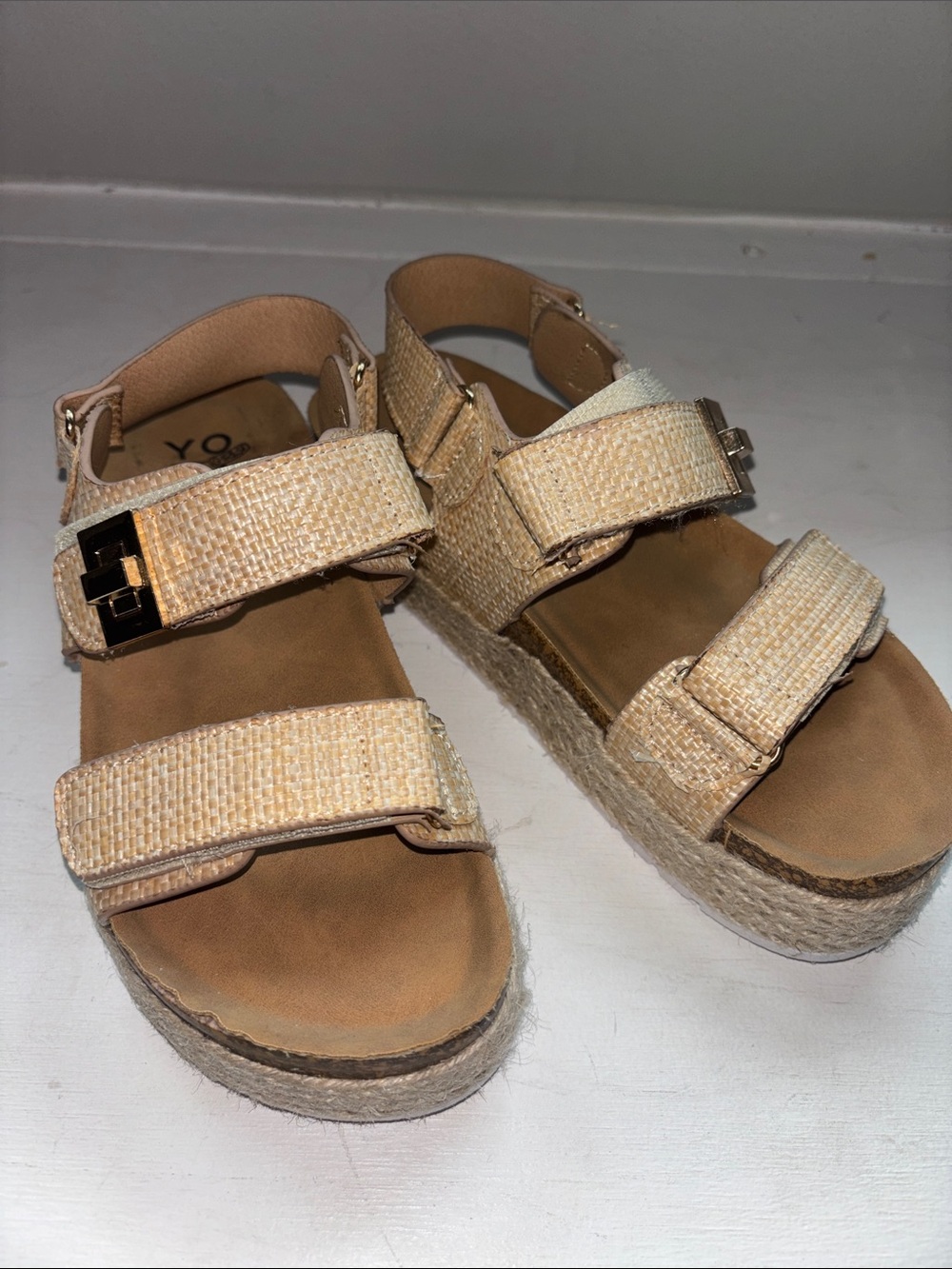 Yoki Beige Woven Platform Sandals with Buckle Straps